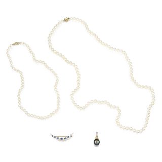 Two Pearl Necklaces, Tahitian Pearl Pendant and Crescent Brooch