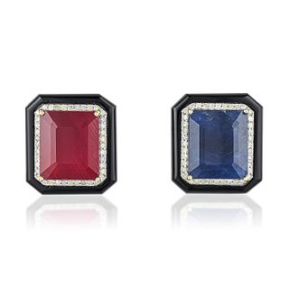 Ruby Sapphire Onyx and Diamond Earrings