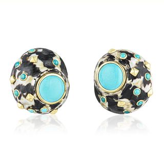 Trianon Shell and Turquoise Gold Earclips