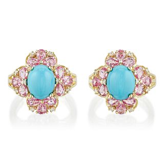Group of Two Turquoise Pink Sapphire and Diamond Rings