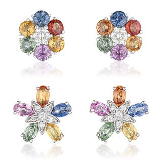 Group of Two Multi-Colored Sapphire and Diamond Earrings