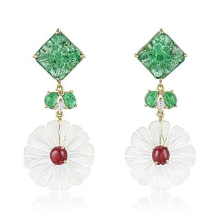 Emerald Rock Crystal Ruby and Diamond Drop Flower Earrings