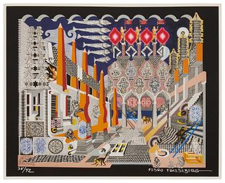 Pedro Friedeberg (b. 1936), "Changuitos de la Ciudad," Giclee in colors on paper, Image: 16.125" H x 20" W; Sheet: 16.75" H x 20.5" W