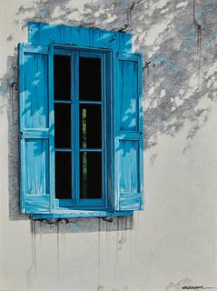John Walker (b. 1939) and Roxanne Moore (20th century), Blue window shutters, 1990, Casein on illustration board, 24" H x 18" W

