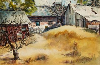 Millicent Bishop (20th century), "Three Picchetti Farm Buildings," Watercolor on paper, Sight: 14" H x 21.5" W