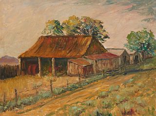 Lois Coleman Denton (1887-1980), Landscape with barn by dirt road, Oil on board, 18" H x 24" W