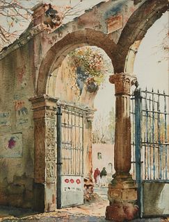 Russell Spencer (20th century), Stone archway with figures, 1934, Watercolor on paper, Sight: 13" H x 9.75" W
