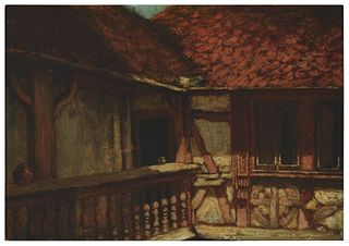 Evelyn Almond Withrow (1858-1928), "Old 16th Century Court," Oil on artist's board, 9.75" H x 13.75" W