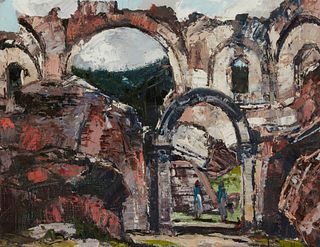 Joshua Meador (1911-1965), "La Recoleccion," Oil on canvas, 14" H x 18" W