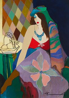 Itzchak Tarkay (1935-2012), "Silent Moment," Screenprint in colors on canvas, 18" H x 13" W
