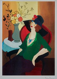 Itzchak Tarkay (1935-2012), "Happy Recollection," Offset lithograph in colors on paper, Image: 22.125" H x 16" W; Sight: 23.625" H x 17.625" W