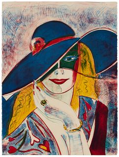 Earl Linderman (b. 1931), Woman with blue hat, 1980, Lithograph in colors on paper, Image/Sheet: 30" H x 22.5" W
