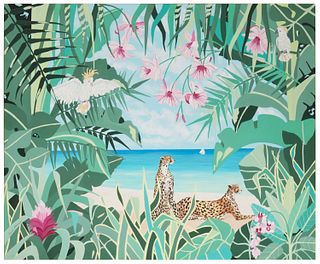 Sharie Hatchett Bohlmann (20th/21st Century), Leopards in a tropical landscape, Oil on canvas, 59" H x 71" W