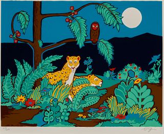 20th Century American School, Night jungle scene, Lithograph in color on paper, Image: 16.25" H x 21.25" W; Sight: 17.25" H x 21.5" W