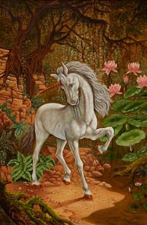 C. Moreash (20th century), Unicorn in the forest, Acrylic on canvas, 36" H x 24" W