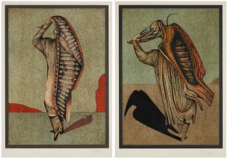 Mihail Chemiakin (b. 1943), Two Works: "Butcher of Paris - Man Carrying Carcass," and "Butcher of Paris - Man 