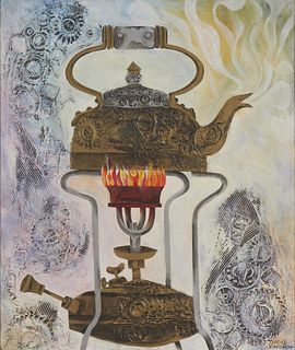 Eliezer Weishoff, (20th Century, Israeli), Still life of kettle over a warmer, 1973, Acrylic on canvas, 25.5" H x 21.25" W