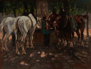 Richard Herdtle (1866-1943), Horses at the center town, 1917, Oil on canvas, 26" H x 34" W