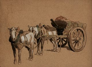 George Elmer Browne (1871-1946), "Wagon and Team," Watercolor and pencil on paper, Sight: 14.5" H x 19.25" W