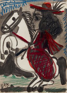 After Pablo Picasso (1881-1973), "Jacqueline Riding a White Horse," from "Toros y Toreros," 1961, Offset lithograph in colors on Arches paper, Image/S