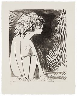 After Pablo Picasso (1881-1973), One plate, "Genevieve a la Cascade," from Genevieve Laporte, "Les Cavaliers d'Ombre," 1954, Etched reproduction on wo