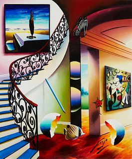 Fernando de Jesus Oliveira (Ferjo) (b. 1946), "Dali at the Top of the Stairs," Oil on canvas, 24" H x 20" W
