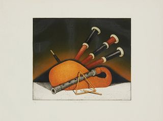 Tighe O'Donoghue (b. 1942), "The Shephard," Etching in colors on paper, Image: 14.5" H x 17.875" W; Sight: 21.75" W x 29.75" W