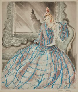 Louis Icart (1888-1950), "Girl in Crinoline," 1937, Etching, drypoint, and aquatint in colors on paper, Image: 22.25" H x 18.75" W; Plate: 23.375" H x