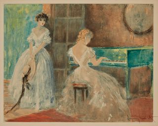 Louis Icart (1888-1950), "Summer Music," 1953, Etching, drypoint, and aquatint in colors on paper, Plate: 13.75" H x 16.875" W; Sight: 14.75" H x 18.1