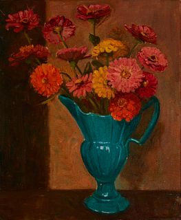 Virginia Wooley (1884-1971), Floral still life, Oil on canvas laid to board, 24" H x 20" W