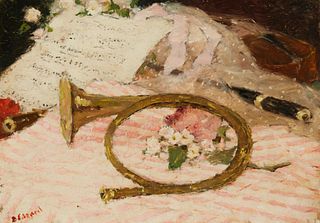 Deitz Edzard (1893-1963), Still life with french horn and sheet music, Oil on linen canvas, 13" H x 18" W