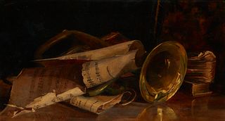 Ida W. Mitchell (1877-1907), Still life with musical instruments, 1905, Oil on canvas, 12" H x 22" W