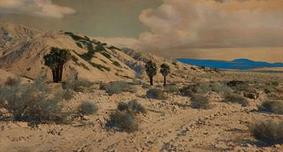 Avery Edwin Field (1883 - 1955), Desert landscape with palm trees, Hand-tinted photograph on artist board, 20" H x 35.75" W
