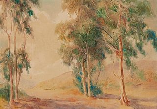 Alfred James Dewey, (1874-1958), Eucalyptus trees in a landscape, Monotype in colors on board, 16" H x 22" W