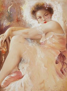 20th Century European School, Whimsical woman, Oil on canvas, 31" H x 23.5" W