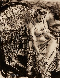 John Cornin (20th century), "Nude Undressing," Watercolor and wash on paper, Image/Sheet: 16.75" H x 14.125" W; Mat: 22.5" H x 18.5" W