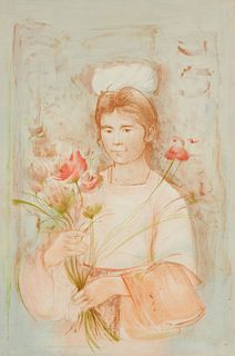 Edna Hibel (1917-2014), "Mayan Princess," Lithograph in colors on paper, Sight: 26" H x 38.75" W
