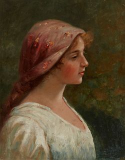 20th Century Continental School, Portrait of a young woman, Oil on linen laid to artist board, 14.75" H x 11.75" W