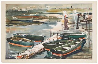 Maurice Logan (1886-1977), Rowboats in a harbor, Watercolor on paper, blindstamp and watermark Arches, Image: 17.25" H x 27.75" W; Sheet: 19.5" H x 30