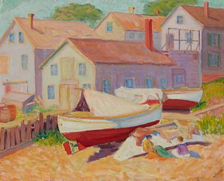 Mary Locke Brewer (1865-1950), Neighborhood with boat, oil on board, 20" H x 24" W