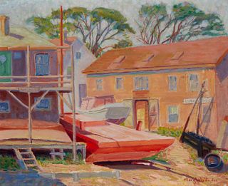 Mary Locke Brewer (1865-1950), Houses with boat, Oil on board, 21.25" H x 25.25" W