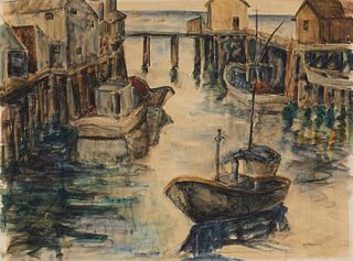 Anna Katharine Skeele (1896-1963), Tugboats in Boston Harbor, Watercolor on paper, Signed lower right: A.K. Skeele, Sight: 16.25" H x 21.75" W