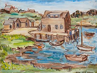 Sara Kolb Danner (1894-1969), Lake with boats and boathouse, Oil on canvasboard, 12" H x 16" W