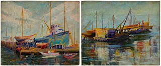 20th Century American School, Boats in harbor, Oil on Masonite, 20" H x 24" W, and Tug boats, Oil on Masonite, 20" H x 24" W, 2 works