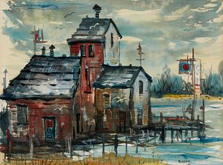 Gerald Collins Gleeson (1915-1986), "Red House on Pier," 1958, Watercolor on paper, Sight: 20" H x 27.625" W