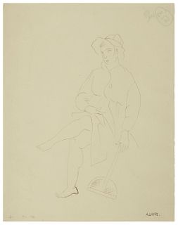 Andre Lhote, (1885-1962), "Seated Fisher Woman", Ink on cream-colored translucent paper, Sight: 10.875" H x 8.625" W