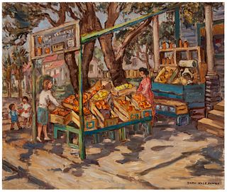 Sara Kolb Danner (1894-1969), "Orange Stand," Oil on canvasboard, 20" H x 24" W