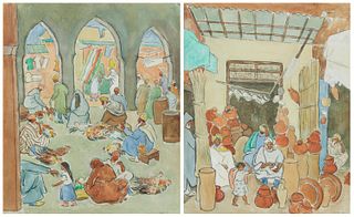 Anna Katharine Skeele (1896-1963), "Moroccan Pottery Market," 1963, and "Moroccan Chicken Market," 1963, Watercolor on paper, Sight: 21" H x 16.625" W