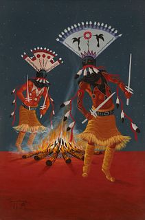Jimmy Yellowhair (b. 20th century), Dancers, Acrylic on canvas, 36" H x 24" W
