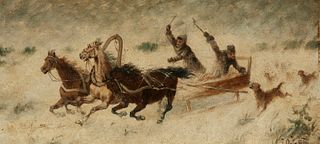 Jwan Petowitsch Orloff (1815-1861), "Wolf Attack," Oil on artist board, 6" H x 12" W